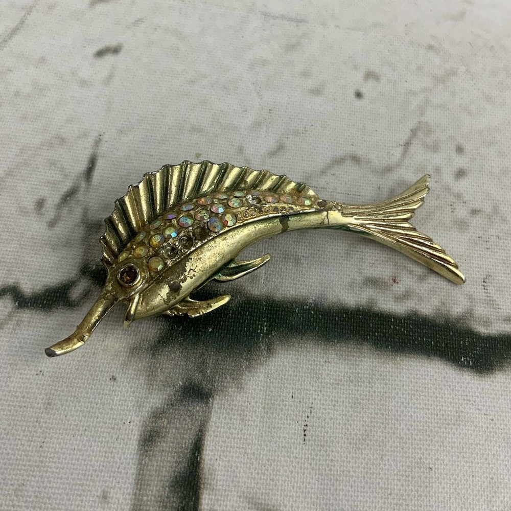 Vintage Swordfish Brooch Pin Gold Toned Rhinestones 2"  FLAW